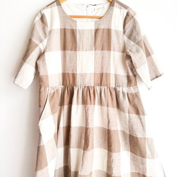 Roolee Buffalo Plaid Beige White Cottage core Dress M - Picture 7 of 8